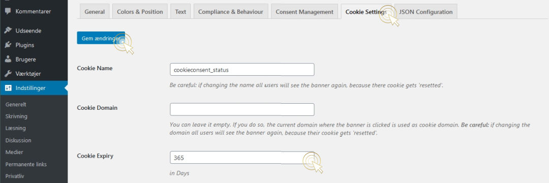 Indstil udløbstid for cookies. Sidste del i guide til bloggere omkring cookiebanner installering.
